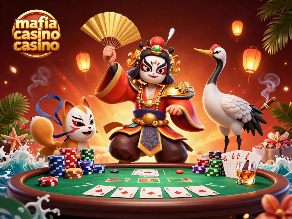 Mafia casino casino themed poker scene featuring a kabuki warrior and kitsune mask, surrounded by vibrant casino elements.