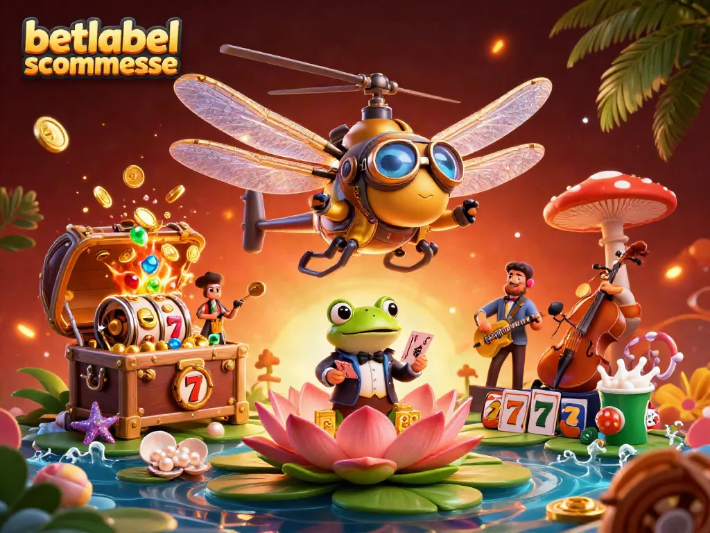 Engage with betlabel scommesse in a vibrant 3D scene featuring a dragonfly pilot and casino action.
