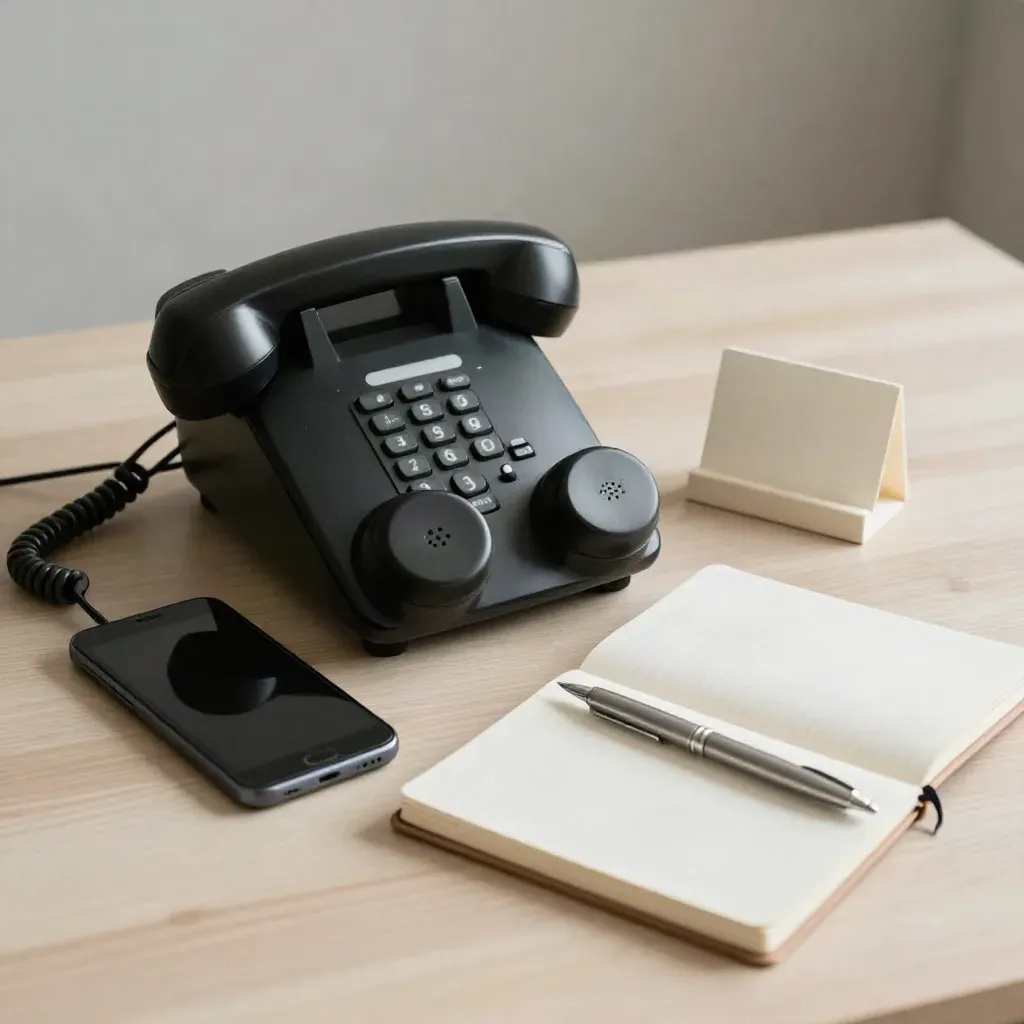 Telefono fisso, smartphone spento, taccuino chiuso e penna su legno chiaro, luce laterale.