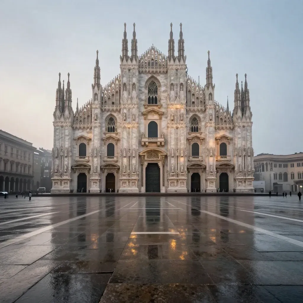 Il Duomo di Milano all’alba, piazza bagnata e guglie nella foschia dorata.
