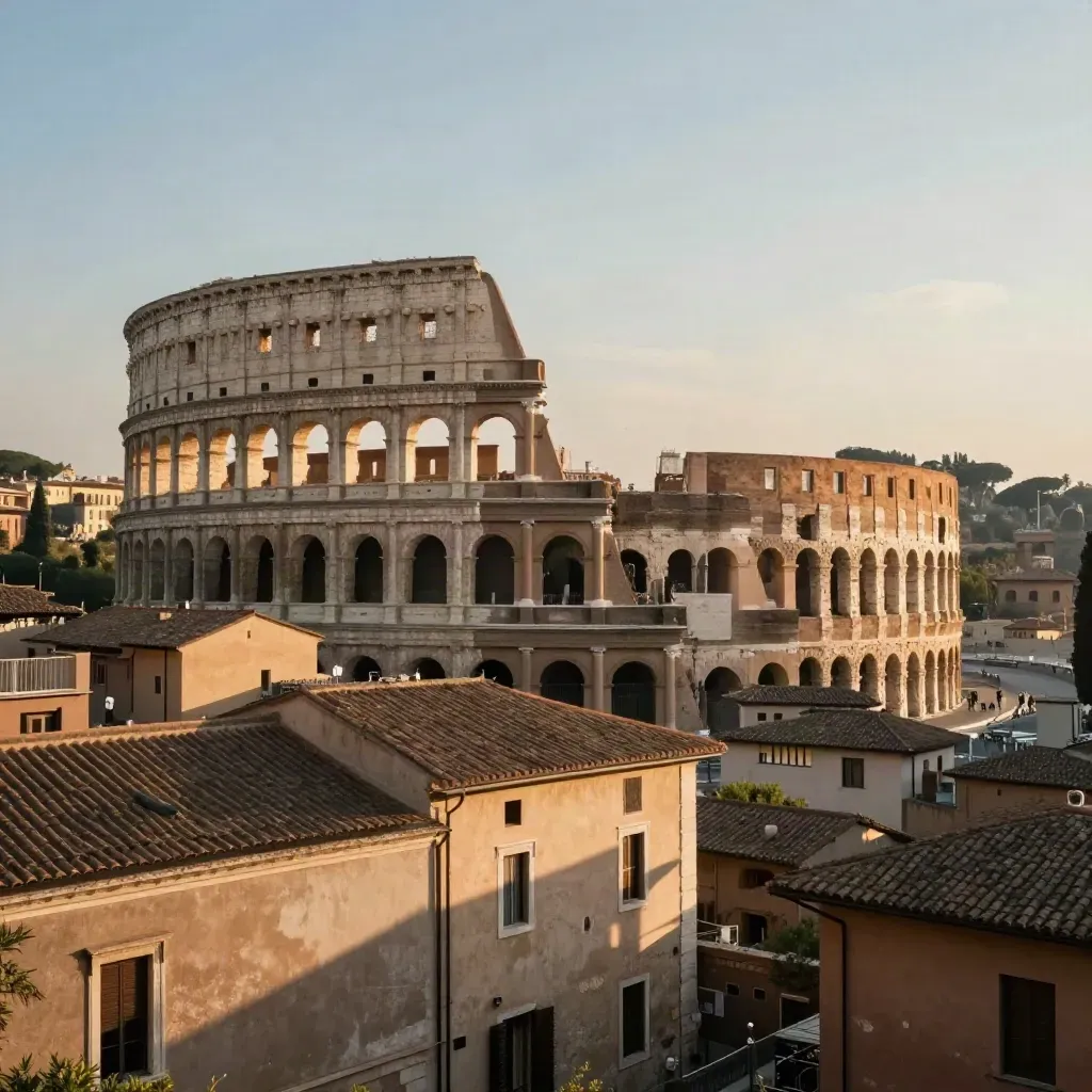 Il Colosseo e i tetti romani al tramonto, con cielo velato e luce calda