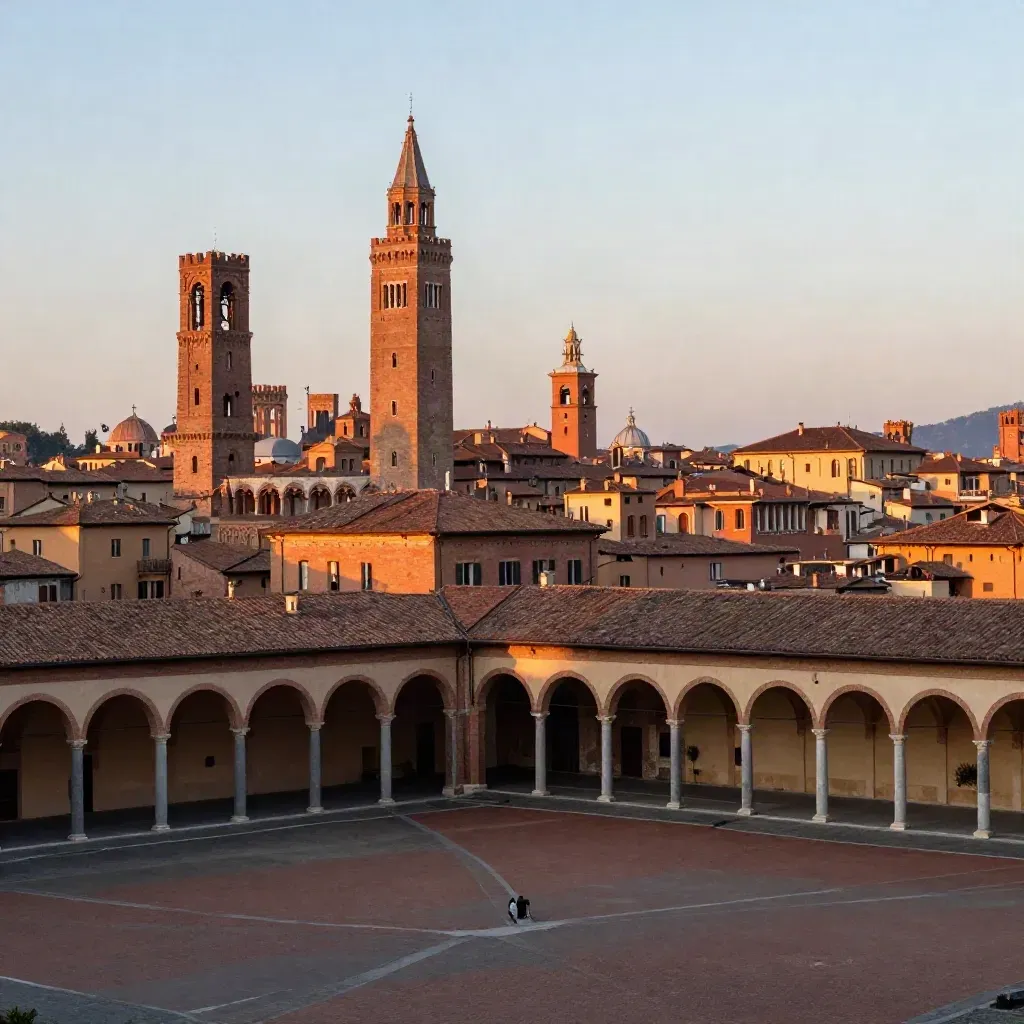 I portici di Bologna e le torri al tramonto sopra una distesa calma di mattoni.