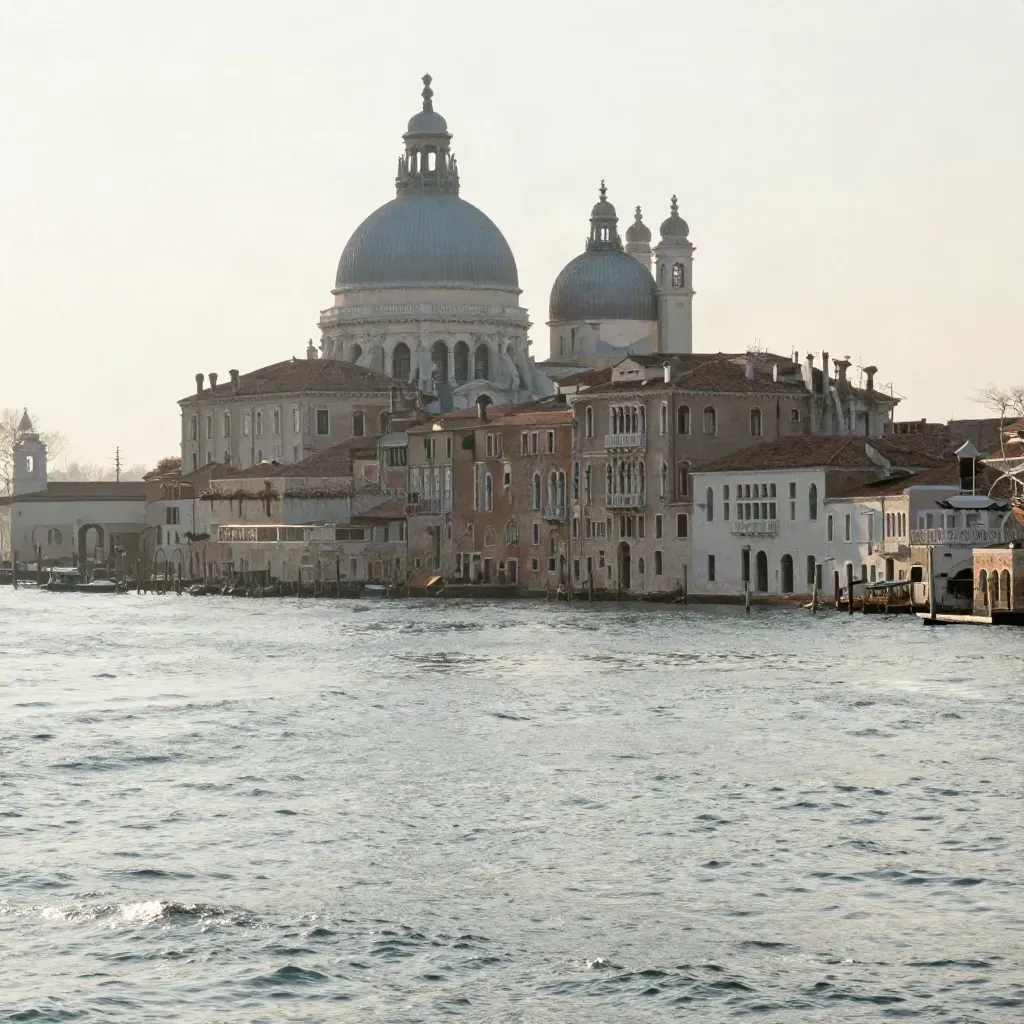 Venezia all’alba, cupole e skyline lagunare sopra acqua calma e nebbia salmastra.
